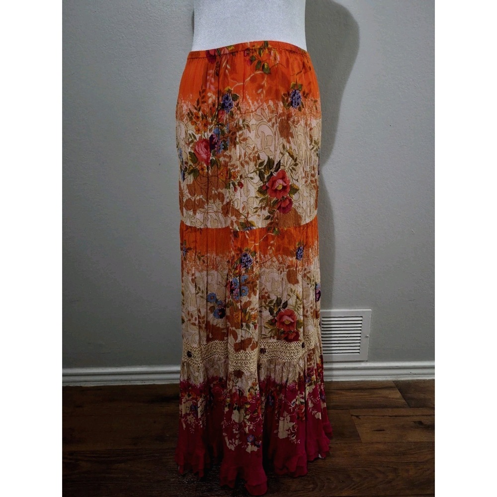 Forbidden Los Angeles Maxi‎ Skirt XXL Boho Floral Tiered Crochet Gypsy Vibrant
